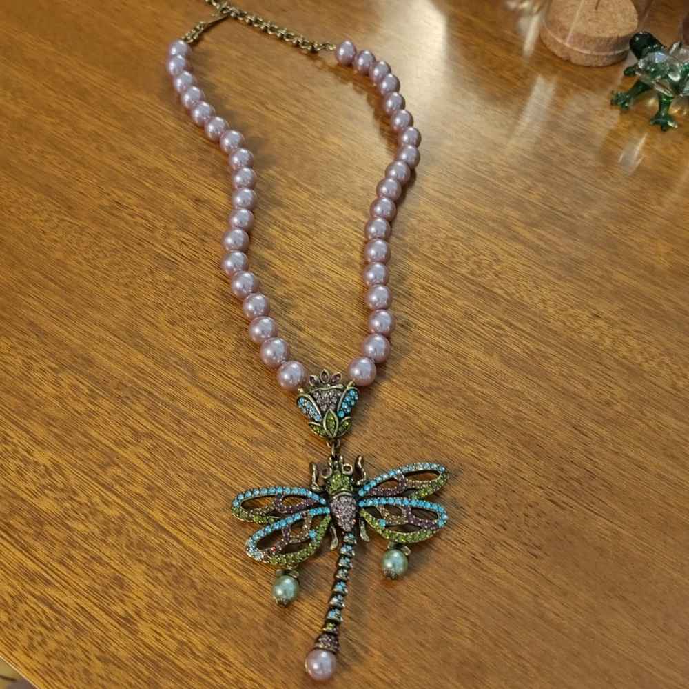 Heidi Daus pink pearl Swarovski dragonfly necklace